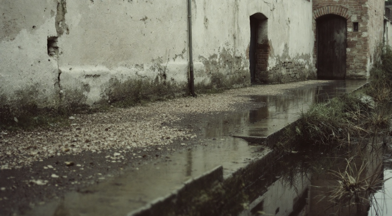 Pied de mur d'une maison ancienne en pierre et brique près d'une rivière calme, enduit à la chaux et soubassement patiné, en Normandie.