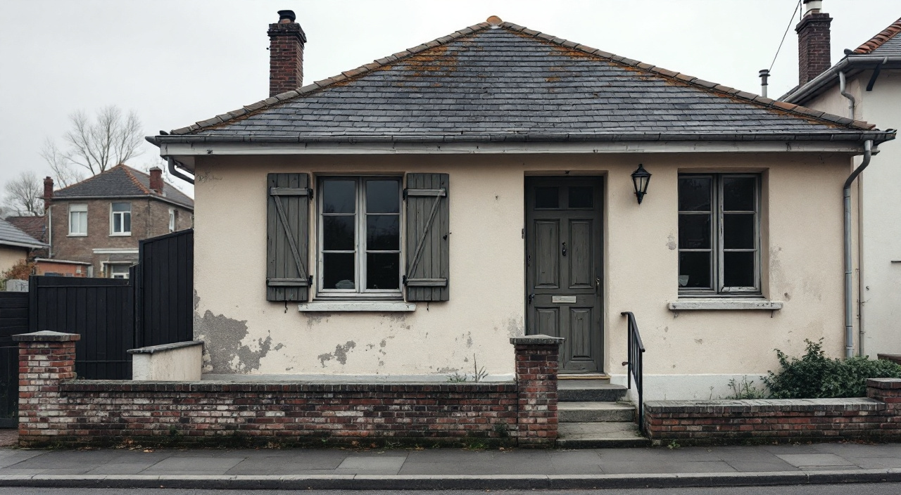 Façade enduite d'une maison de plain-pied vieillissante, enduit terni, coulures sous les appuis et main courante à l'entrée