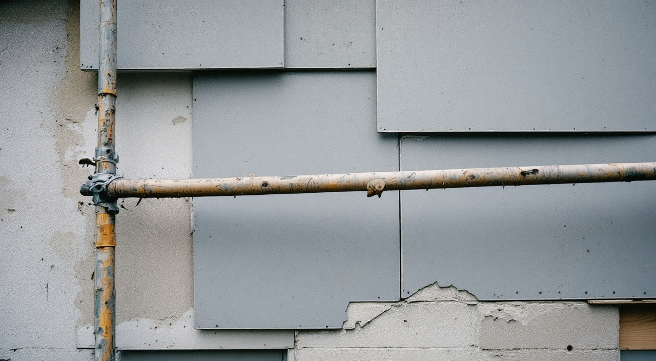 Panneaux de bardage en fibres-ciment partiellement déposés sur une façade de pavillon, laissant voir le mur support.