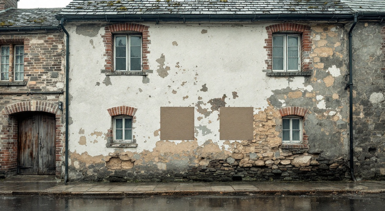 Mur en silex et calcaire partiellement décapé, avec trois carrés d'essai d'enduit de teintes différentes