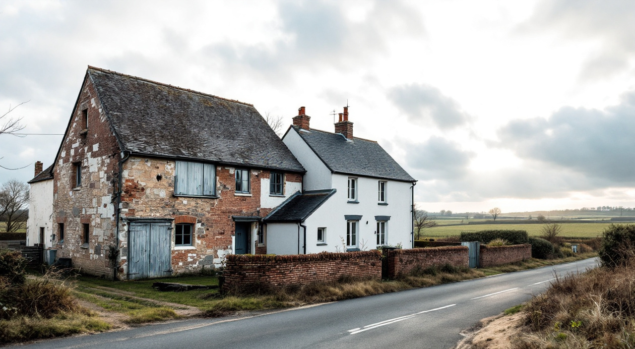 Un ancien corps de ferme en silex et brique voisin d'une maison enduite récente, dans un village de plateau agricole