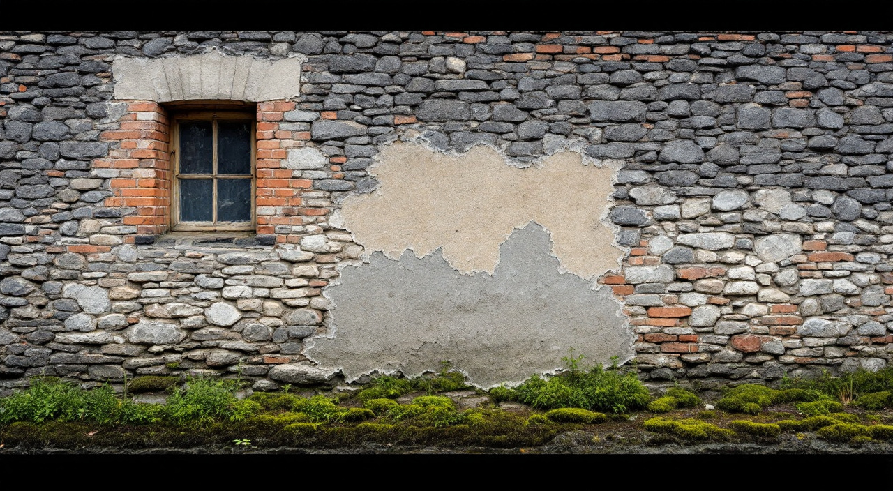 Mur ancien en silex et brique hourdé à la chaux, avec une plaque d'enduit ciment décollée en pied de façade