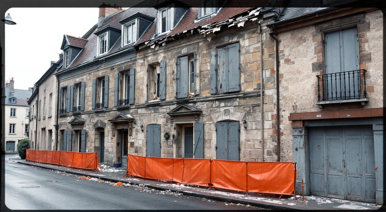 Façade ancienne dégradée dont la corniche s'est partiellement détachée, protégée par des barrières et un tunnel de chantier sur le trottoir