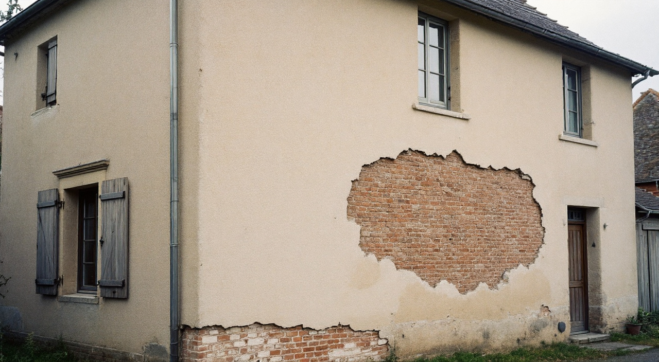 Façade enduite d'une maison normande dont une zone d'enduit décapée laisse voir la maçonnerie de brique et silex