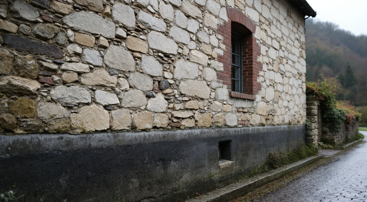 Mur ancien de bourg normand en calcaire, silex et brique, enduit ciment partiellement déposé laissant voir la chaux d'origine
