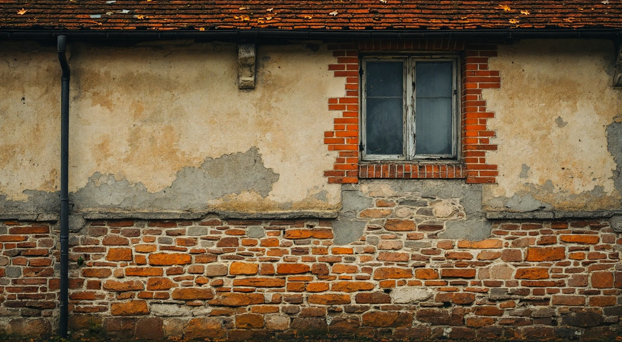 Pignon de maison de bourg normande mêlant assises de grison roux en partie basse, brique locale au-dessus et vestiges d'enduit à la chaux