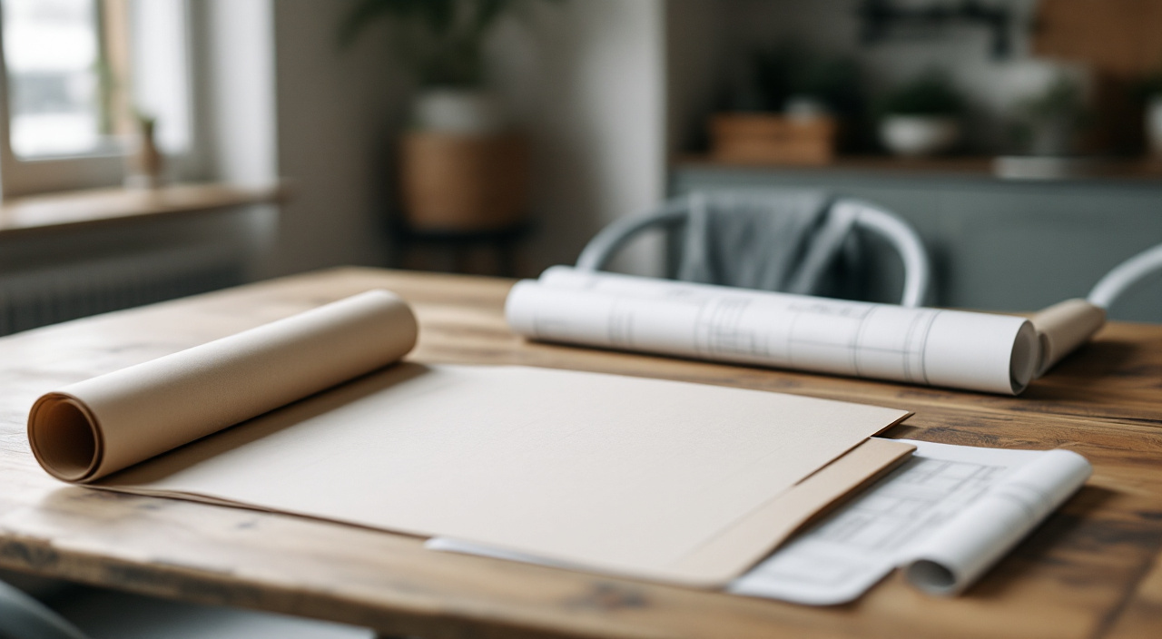 Dossier de documents techniques ouvert sur une table, à côté de plans de façade roulés.