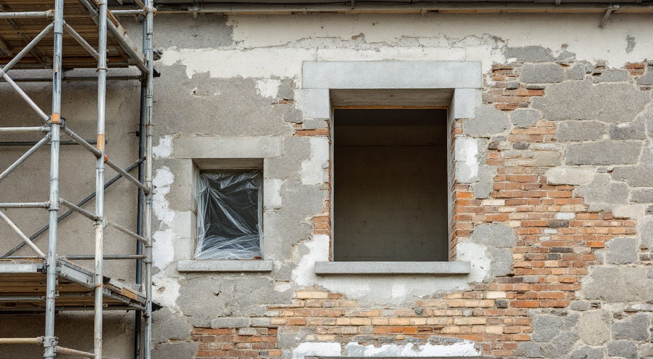 Façade en cours de ravalement avec une baie élargie au linteau neuf et une ancienne fenêtre murée à côté