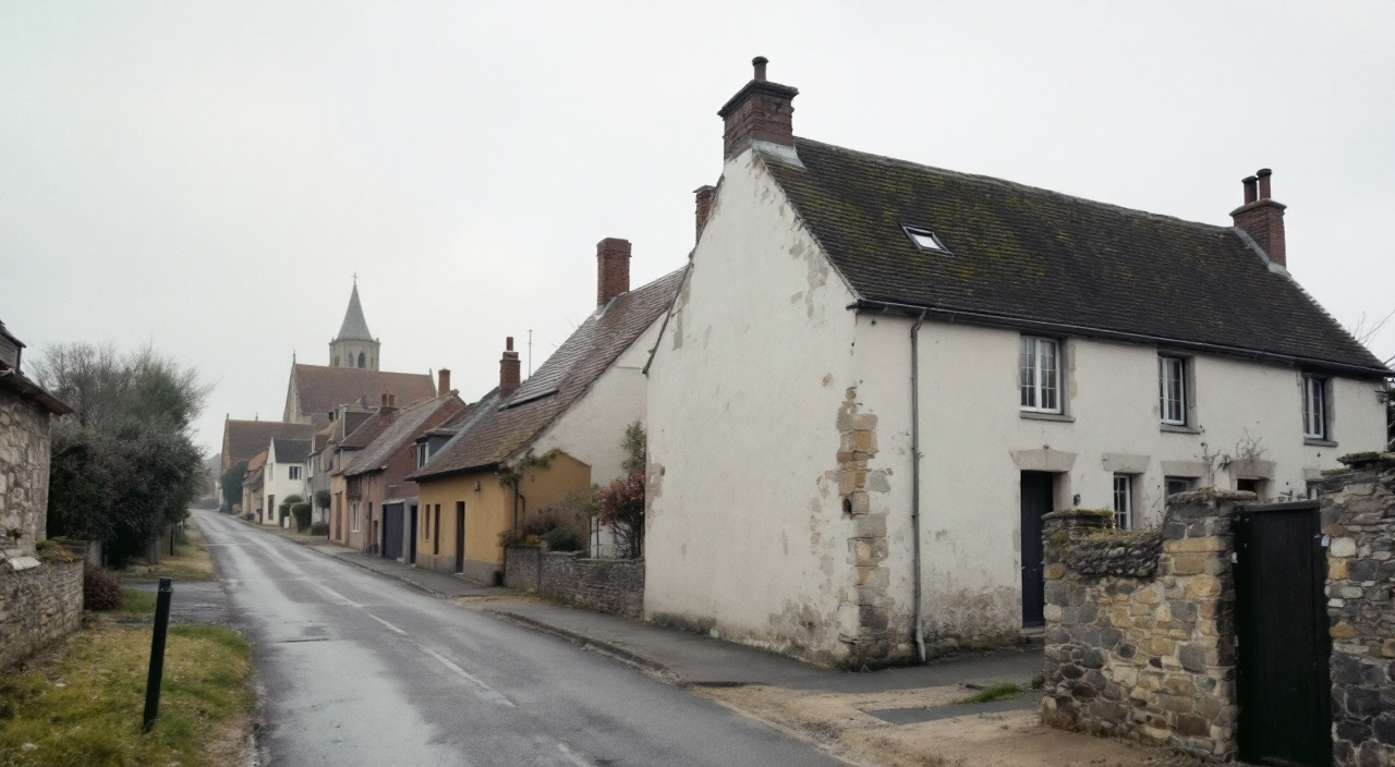 Rue d'un petit bourg rural avec des maisons anciennes et une façade récemment enduite