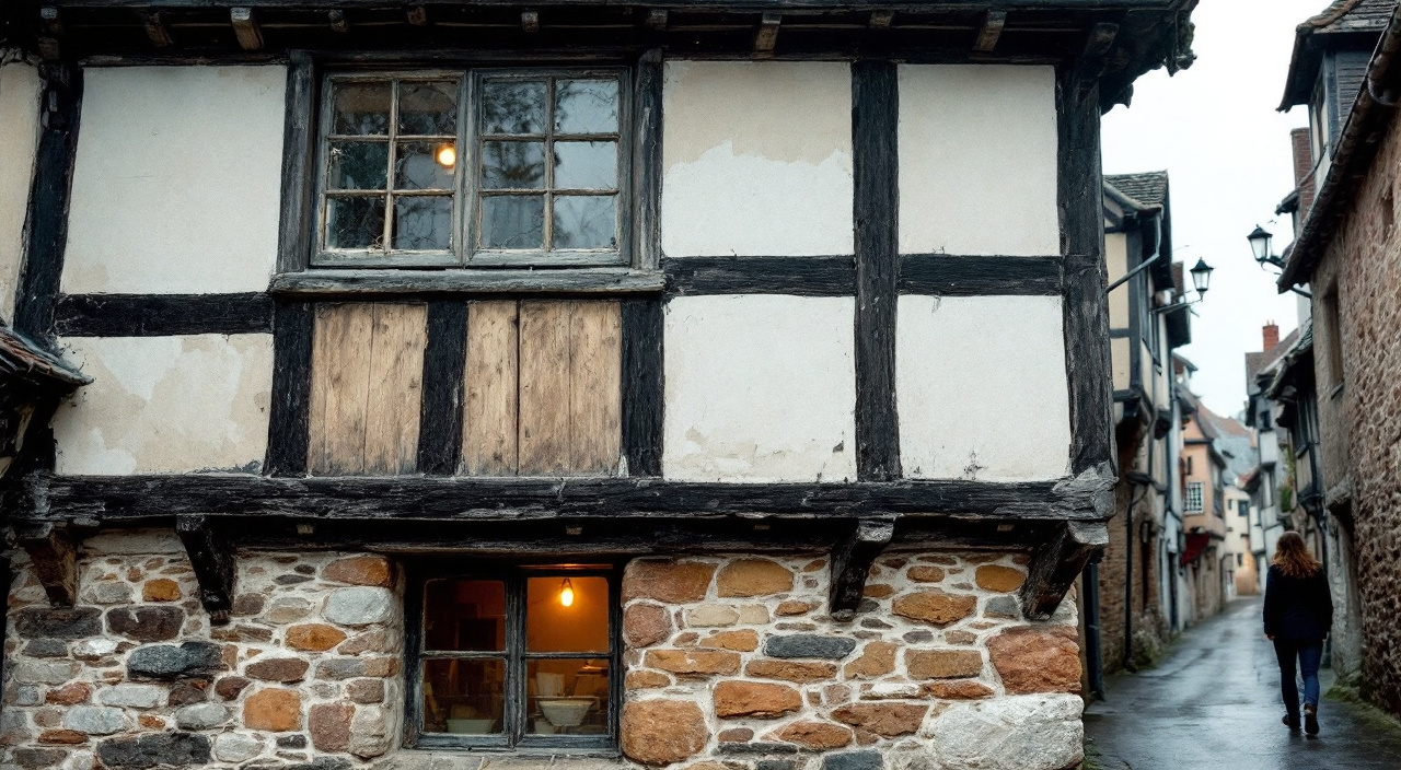 Façade à pans de bois d'un bourg normand, colombages apparents sur soubassement de grison, un panneau de remplissage fraîchement repris