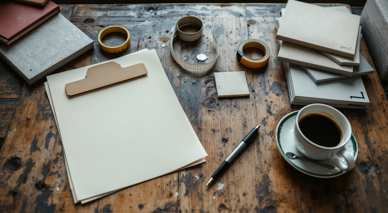 Un contrat de travaux et son feuillet détachable posés sur une table de salle à manger, à côté d'un stylo et d'échantillons d'enduit