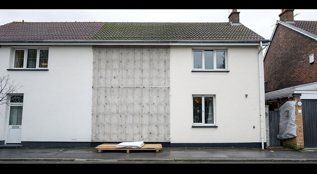 Façade de maison en cours d'isolation par l'extérieur, moitié enduite, moitié en panneaux isolants sous échafaudage