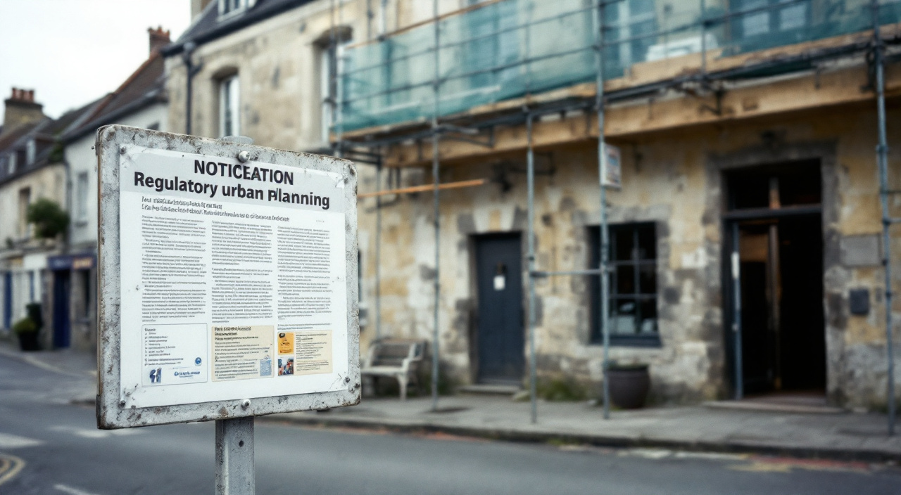Panneau d'affichage d'autorisation d'urbanisme devant une maison de bourg en cours de ravalement