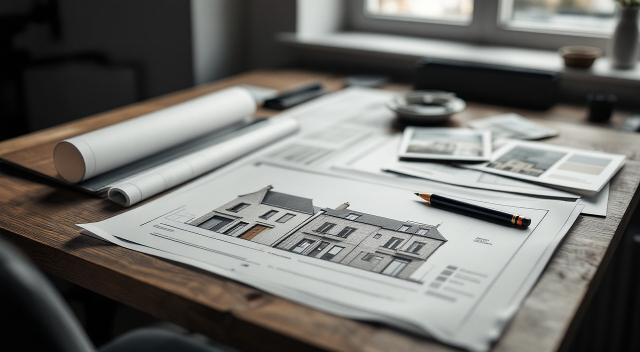 Plans de façade, extrait cadastral, photographies et nuancier étalés sur un bureau de service d'urbanisme