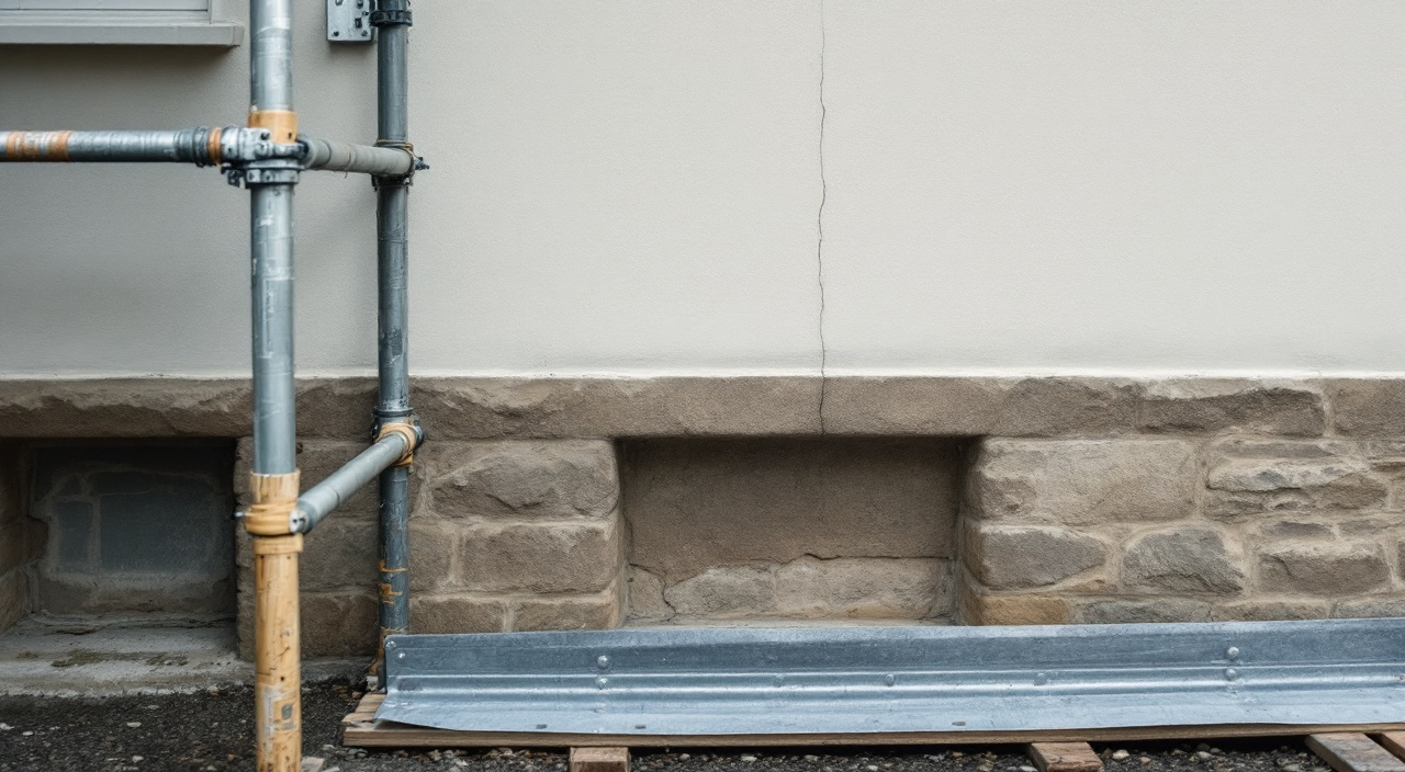 Angle de façade fraîchement enduite, avec une microfissure sous l'appui de fenêtre et une auréole d'humidité en pied de mur