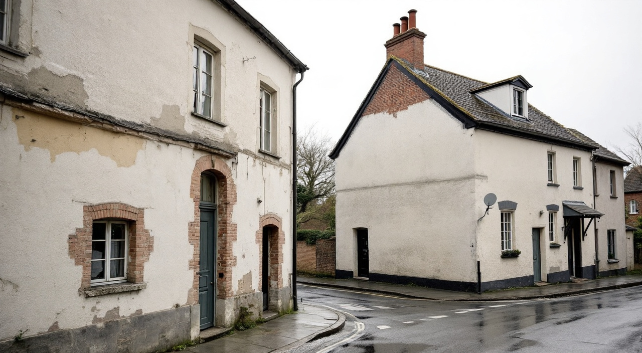 Rue en pente montrant d'un côté des maisons anciennes mitoyennes à enduit de chaux usé et de l'autre un pavillon isolé à enduit projeté