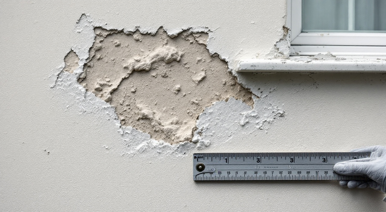 Enduit de façade cloqué et décollé par plaques, surface farinante et teinte inégale, mètre posé contre le mur