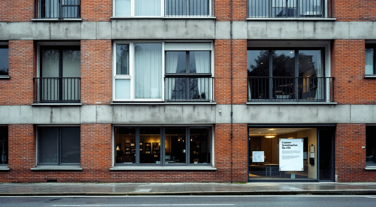 Façade d'un immeuble collectif d'après-guerre en brique et béton, travées répétées et joints usés