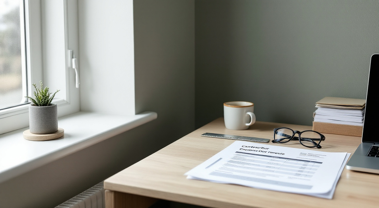 Bureau avec un devis de ravalement imprimé, un ordinateur portable fermé et une boîte d'archives de documents