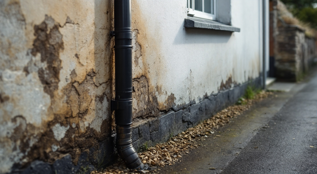 Bas de façade enduite dégradée par l'humidité au pied d'un mur, sur un terrain en pente