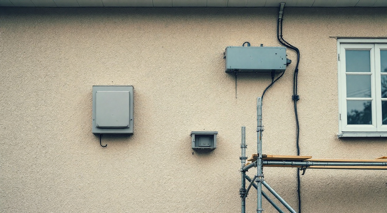 Façade d'un pavillon avec coffret électrique encastré, boîtier gaz et câbles télécom agrafés devant un échafaudage