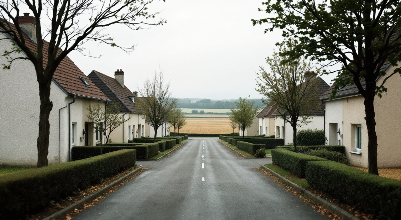 Rue d'un lotissement pavillonnaire de plateau, maisons semblables aux façades enduites claires