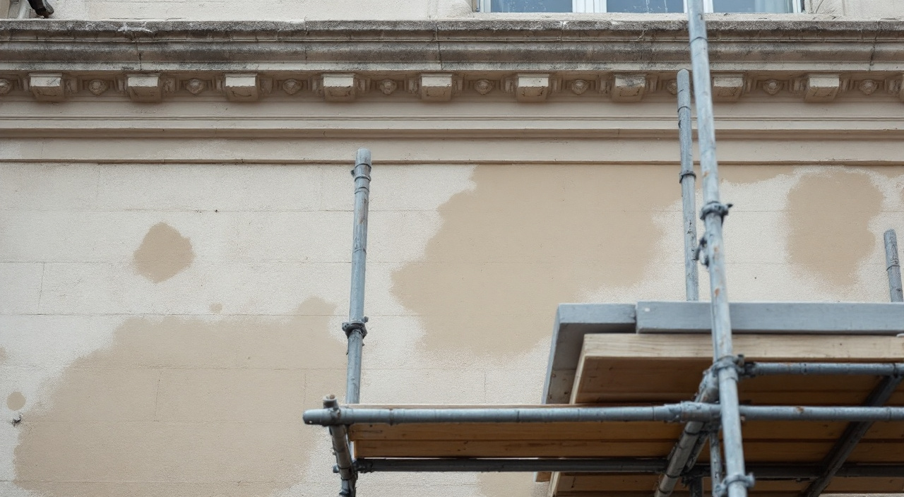 Façade en pierre calcaire échafaudée en cours de restauration, joints repris à la chaux et planches d'essai d'enduit
