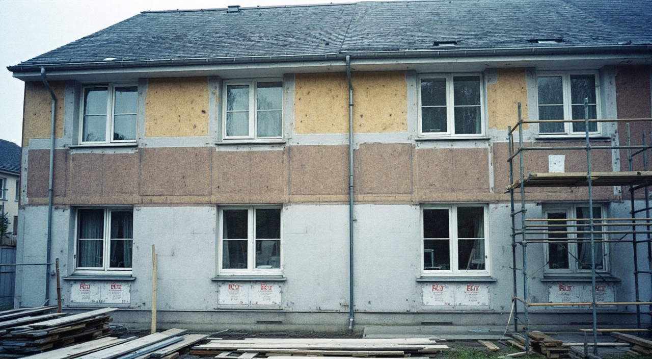 Façade d'immeuble en cours d'isolation extérieure, avec bandes filantes de laine de roche au droit des planchers entre deux niveaux de fenêtres