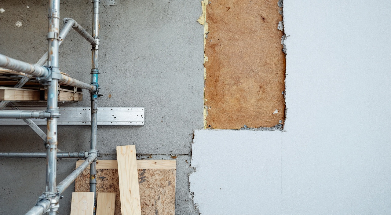 Mur de façade partiellement décapé avec panneaux isolants en cours de pose et règle de planéité appuyée contre le support