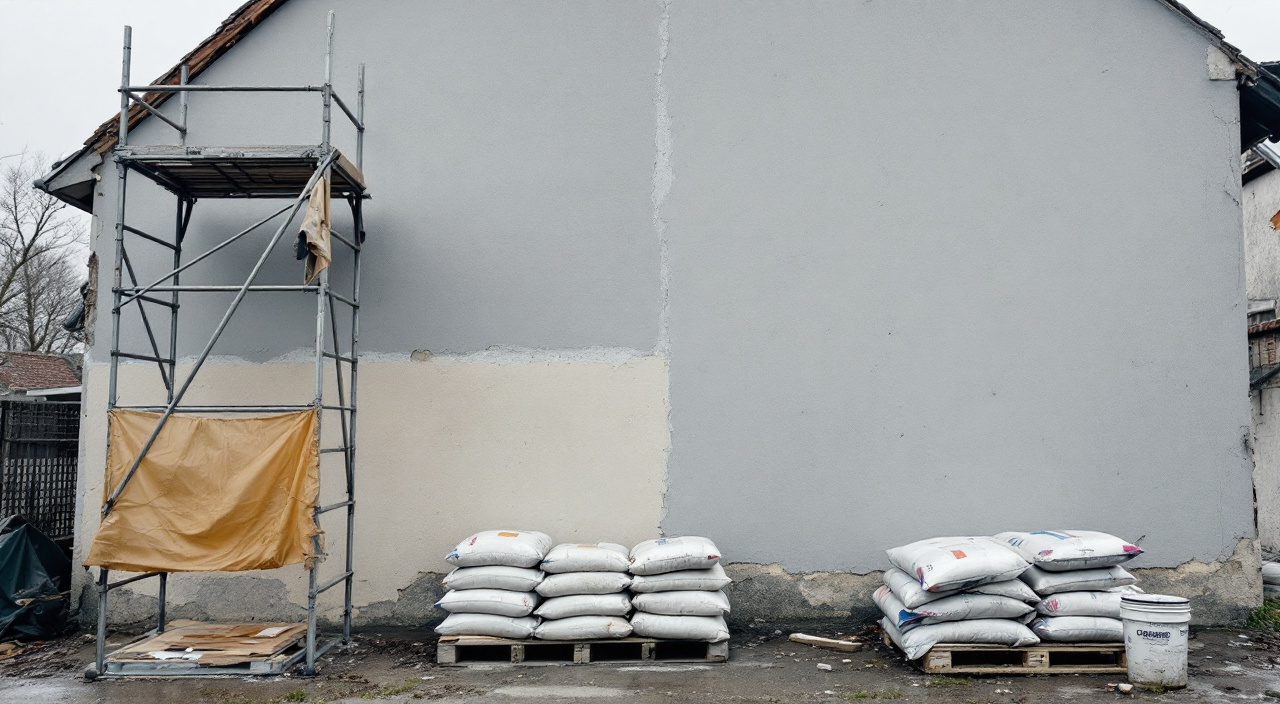 Façade partiellement enduite avec échafaudage abandonné et sacs de mortier détrempés au pied du mur