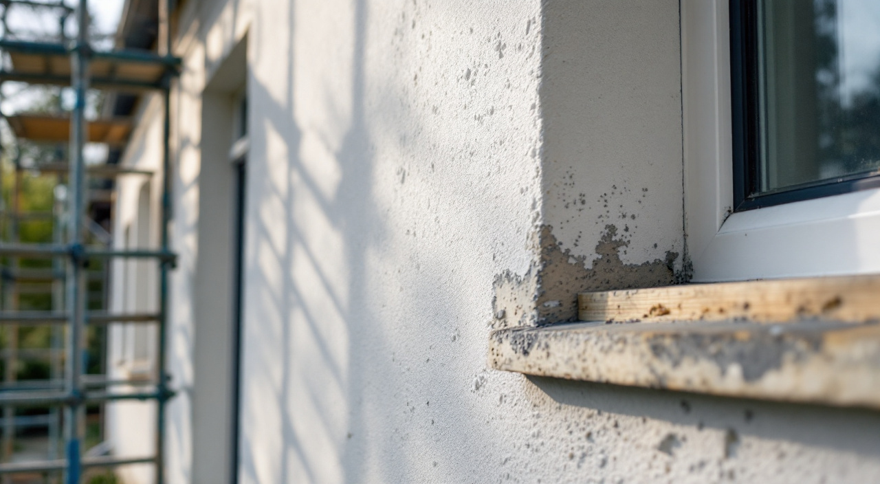 Façade fraîchement enduite éclairée en lumière rasante, échafaudage encore en place