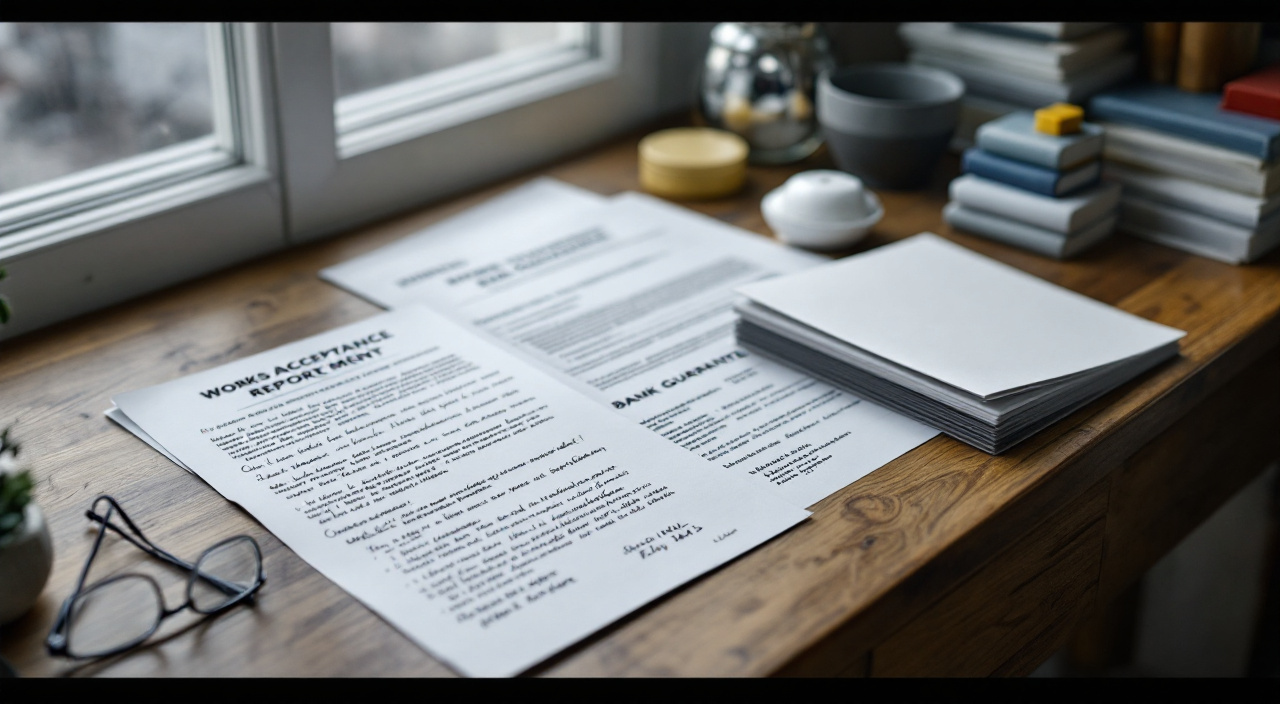 Dossier de fin de chantier posé sur un bureau : procès-verbal annoté, devis, acte de caution et factures.