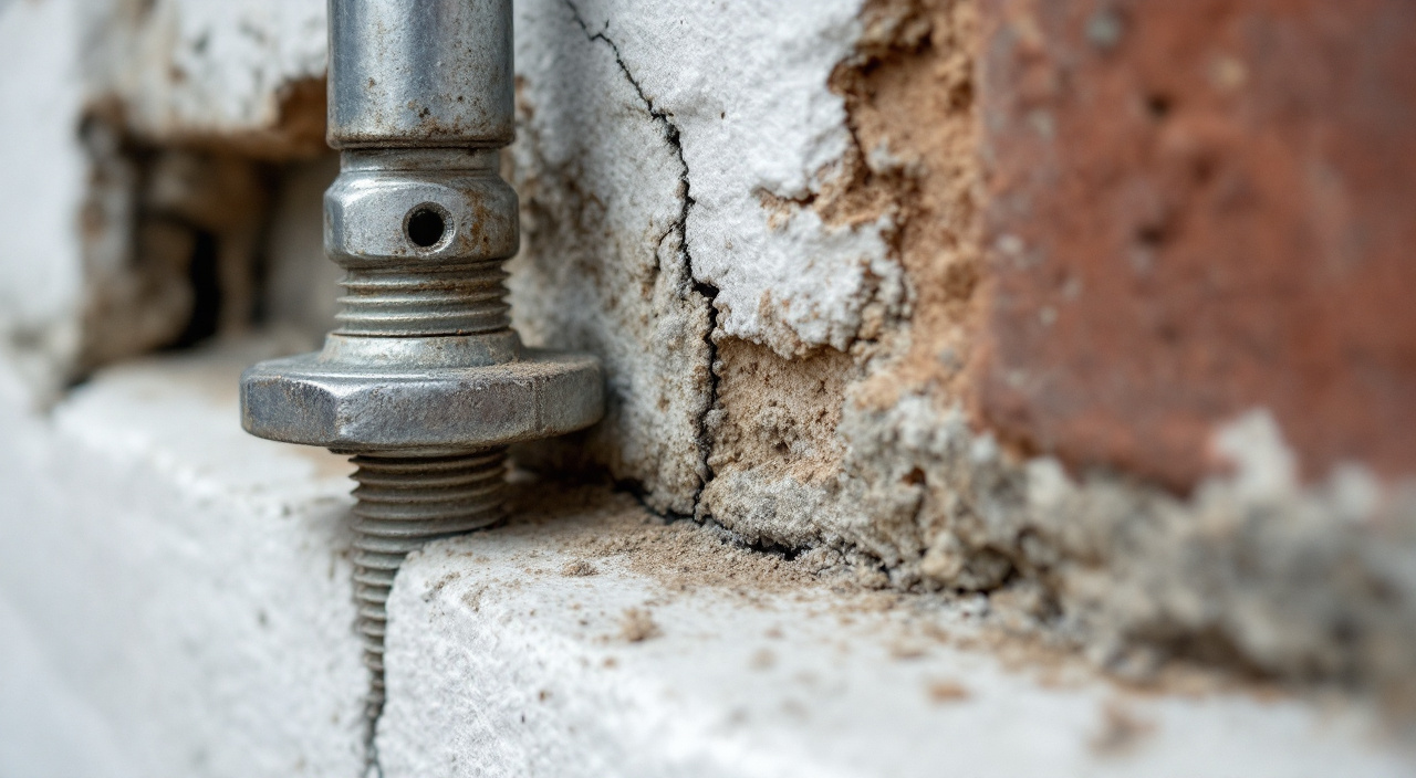 Ancrage d'échafaudage scellé dans un mur mitoyen enduit, avec une fissure partant du perçage