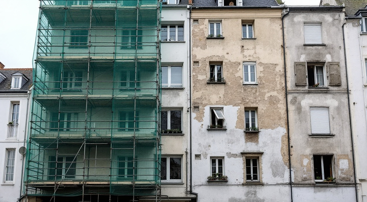 Façade d'immeuble en copropriété en cours de ravalement, échafaudage bâché sur une partie du mur
