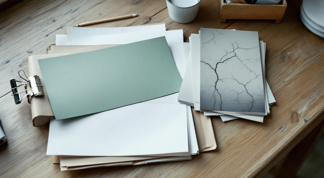 Un dossier de réclamation posé sur une table : accusé de réception postal, feuilles vierges dans une chemise cartonnée et tirages photo d'un mur enduit fissuré.