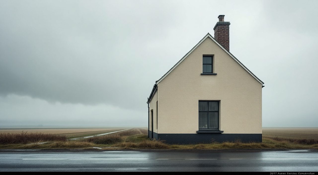 Pignon ouest d'une maison enduite battu par la pluie au milieu d'une plaine céréalière ouverte, traces sombres de ruissellement sous un appui de fenêtre.