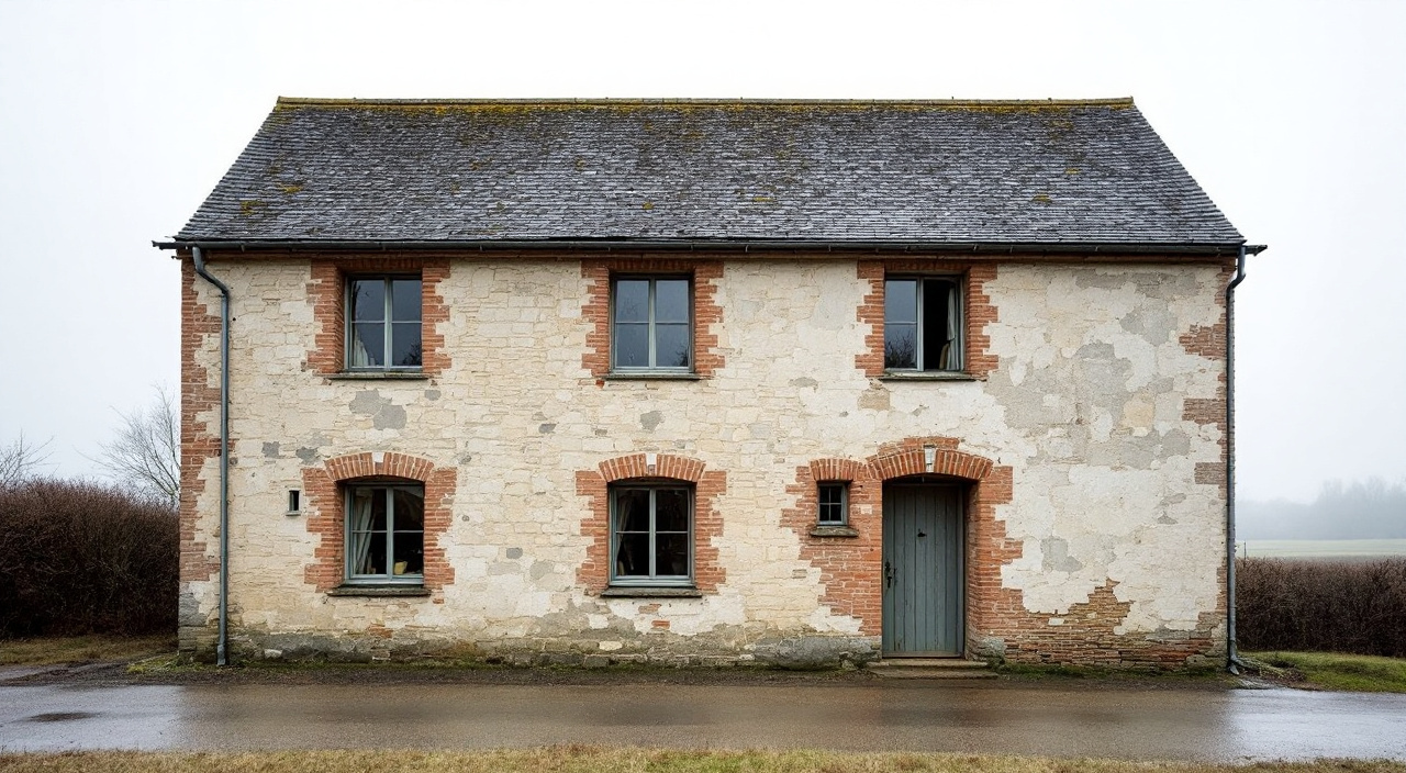 Façade en moellons calcaires et silex avec chaînages de brique, enduit à la chaux dégradé, sur un plateau normand par temps couvert