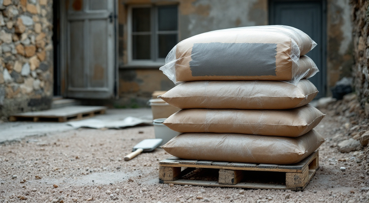 Palette de sacs d'enduit de façade en cour de chantier, film plastique ouvert, sacs empilés sous une lumière couverte.