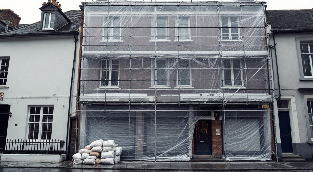 Immeuble de rapport ancien entièrement échafaudé dans une rue étroite, filets blancs devant les fenêtres des logements