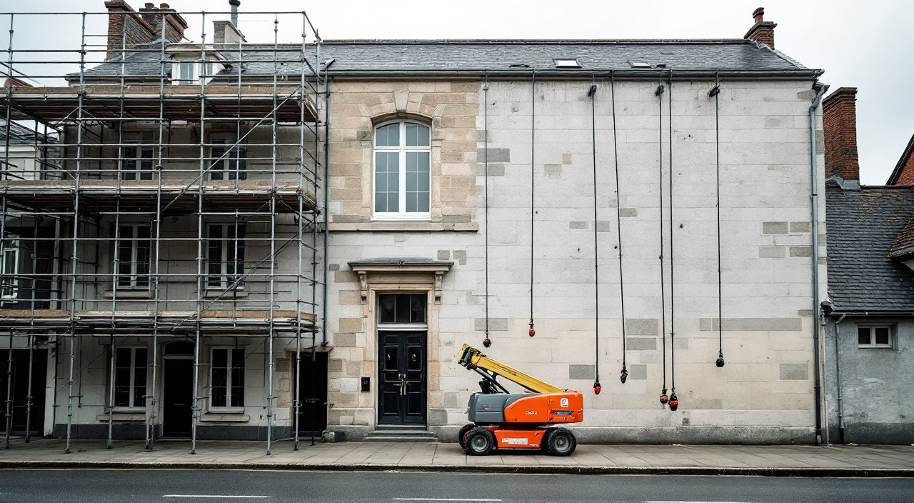 Une façade de rue où coexistent un échafaudage de pied bâché, une nacelle élévatrice stabilisée sur la chaussée et deux cordes suspendues à l'acrotère.