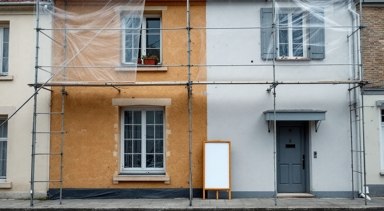 Façade d'une maison de ville sous échafaudage bâché, moitié isolée par panneaux, moitié enduite en teinte sable