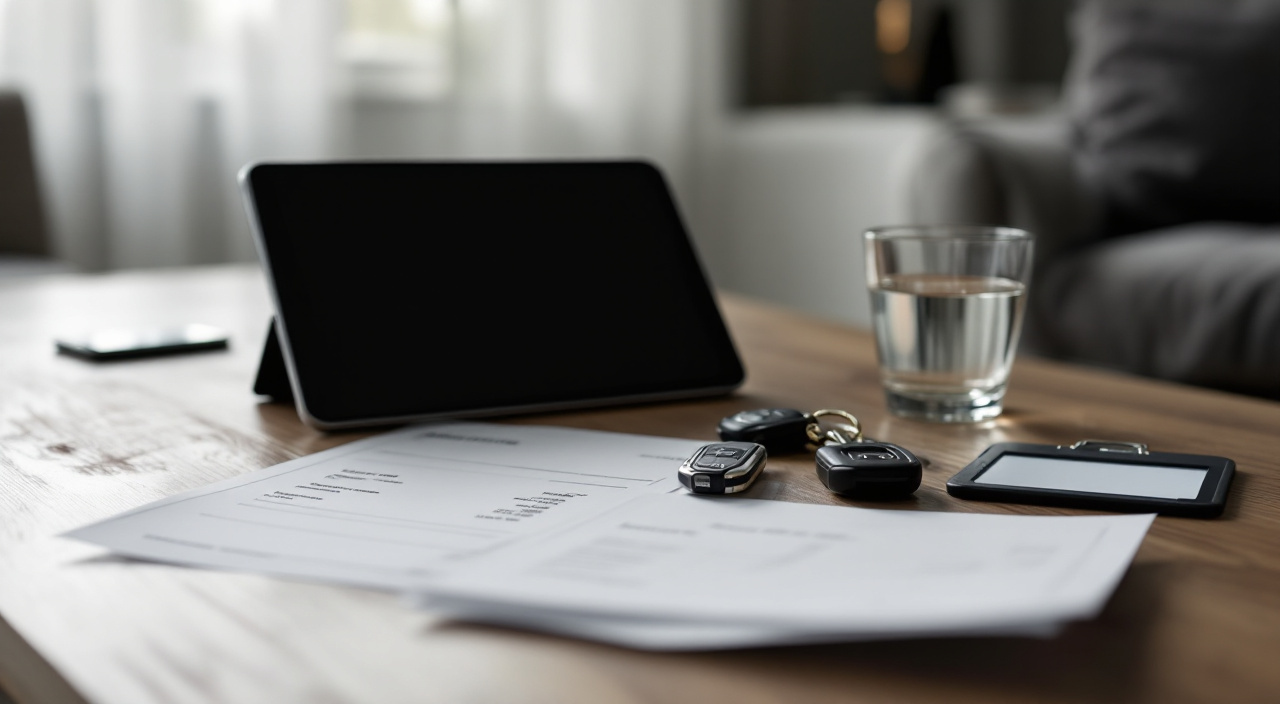 Table de salon avec une tablette de signature, un bon de commande de deux pages et une brochure publicitaire