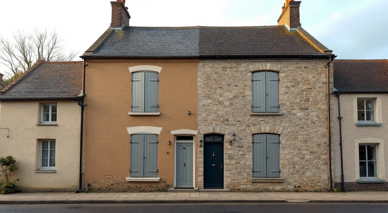 Façade d'une maison de bourg dont la moitié gauche vient d'être enduite tandis que l'autre reste en maçonnerie ancienne.