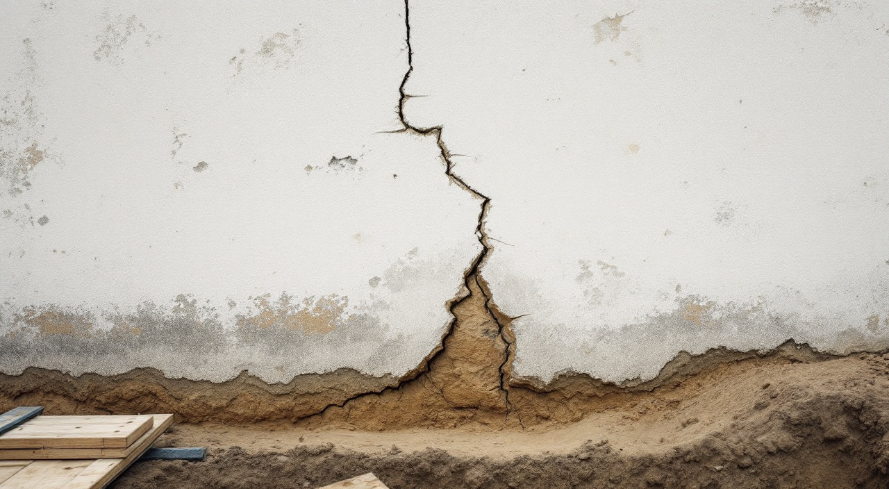 Mur enduit ancien fissuré en escalier, témoin collé en travers de la fissure, terrassement ouvert au premier plan
