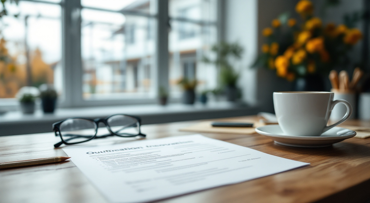 Un devis de ravalement posé sur une table, avec au fond une façade sous échafaudage vue par la fenêtre