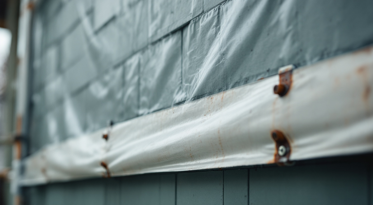 Bardage en plaques de fibres-ciment sur une façade, partiellement isolé par un confinement plastique fixé à un échafaudage
