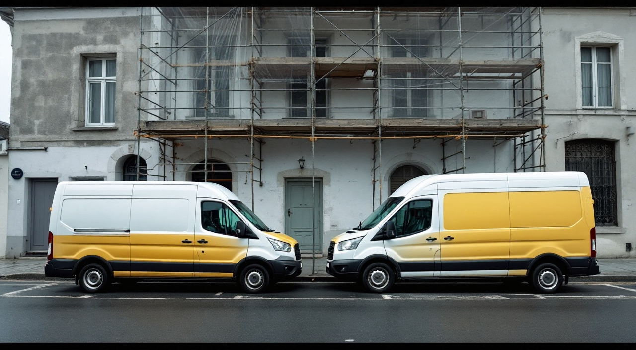 Deux camionnettes de chantier stationnées devant une façade sous échafaudage bâché.