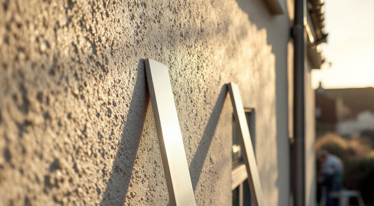 Règle métallique appliquée sur un enduit de façade neuf pour contrôler la planéité en lumière rasante