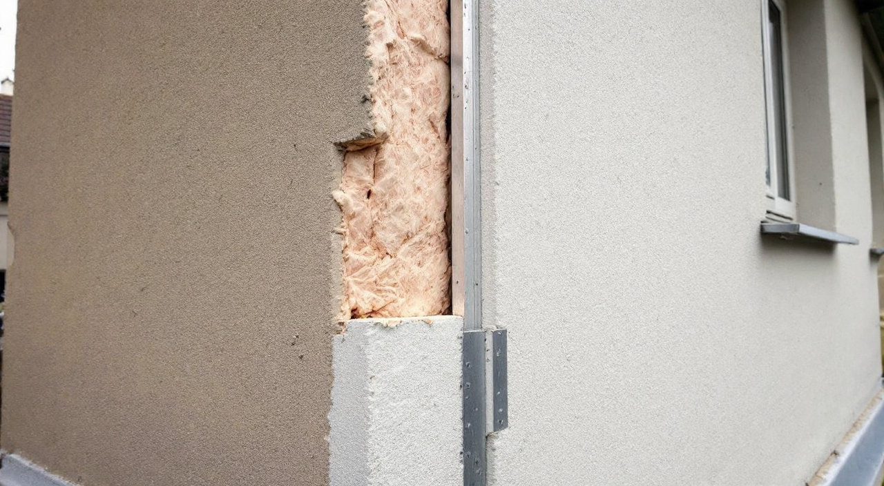 Jonction verticale entre une façade isolée par l'extérieur et enduite et la partie de mur restée en enduit d'origine
