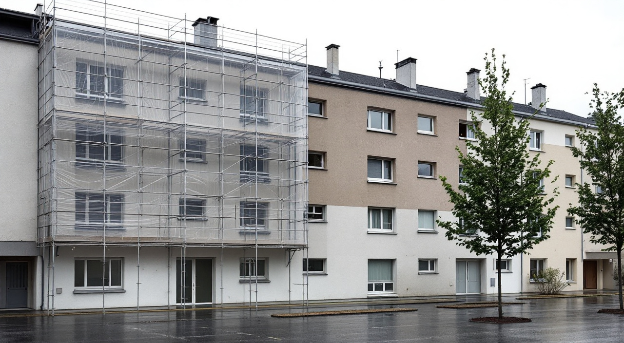 Immeuble collectif des années 1980 en cours de ravalement, échafaudage bâché sur une longue façade enduite